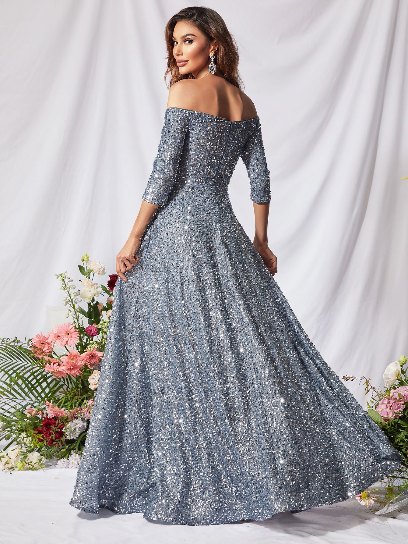 3/4 Sleeve Off Shoulder Sequin A Line Dresses