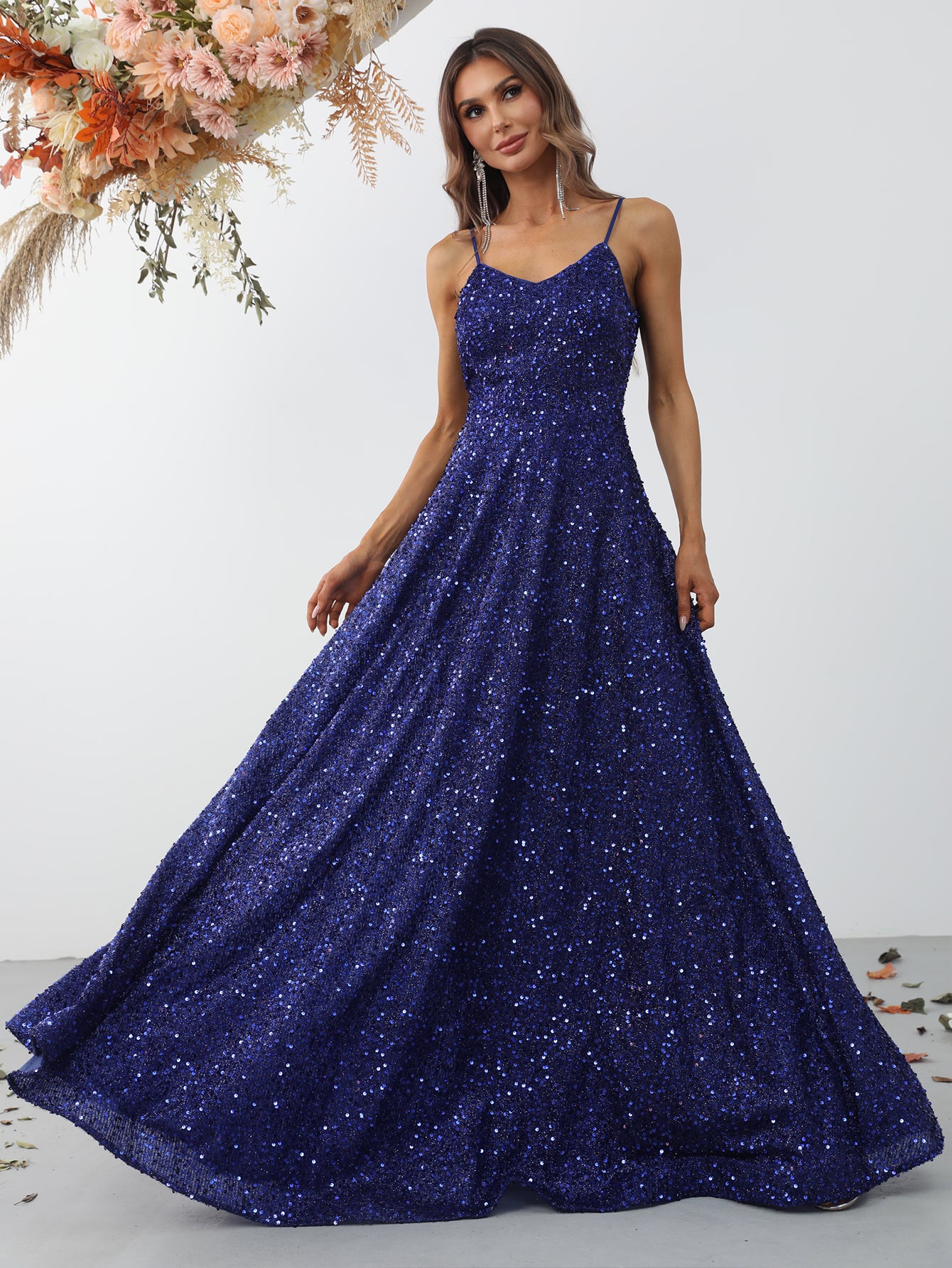 Elegant Spaghetti Strap Sleeveless Sequin A Line Dresses