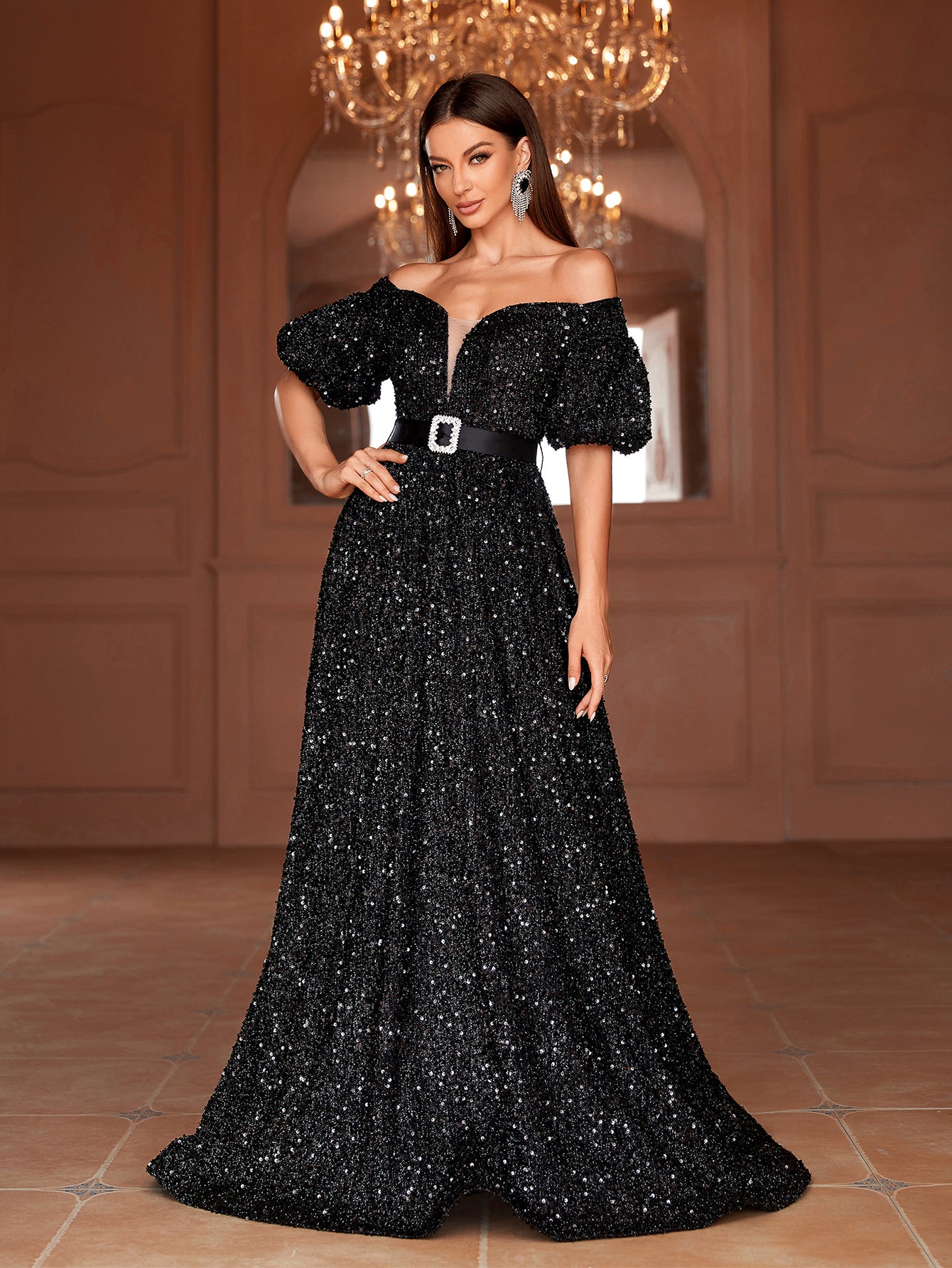 Elegant Off Shoulder Rhinestone Detail Sequin A Line Dresses