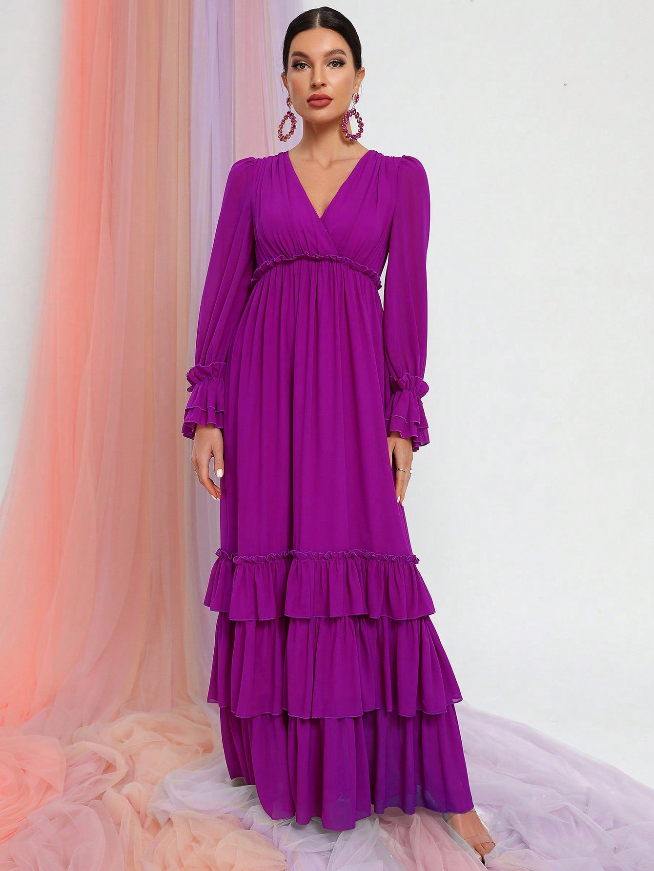 Layered Ruffle Hem V Neck Lantern Sleeve Chiffon Dress