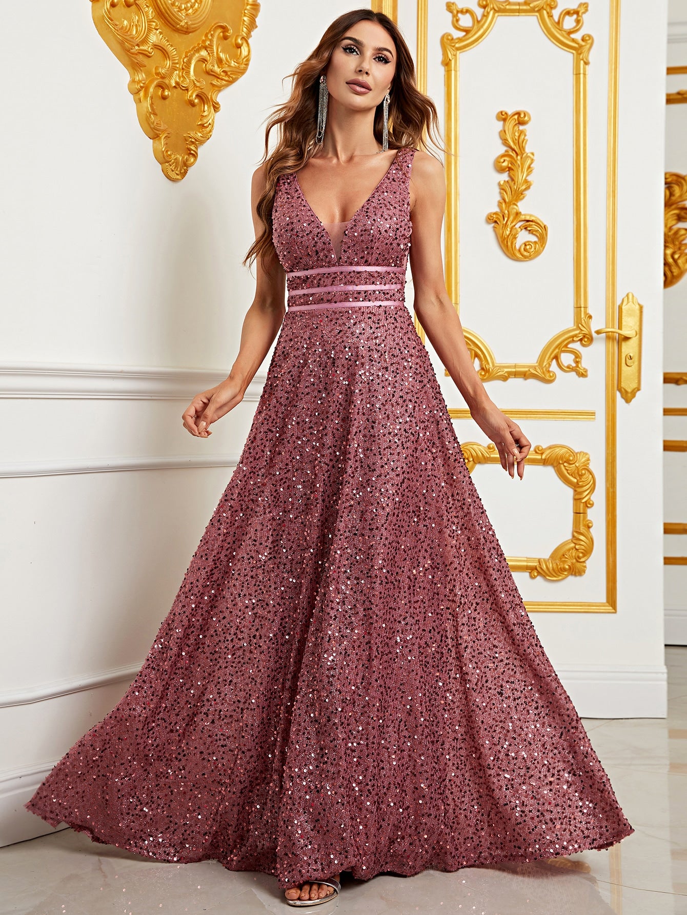 Elegant Deep V Neck Sequin A Line Prom Dresses