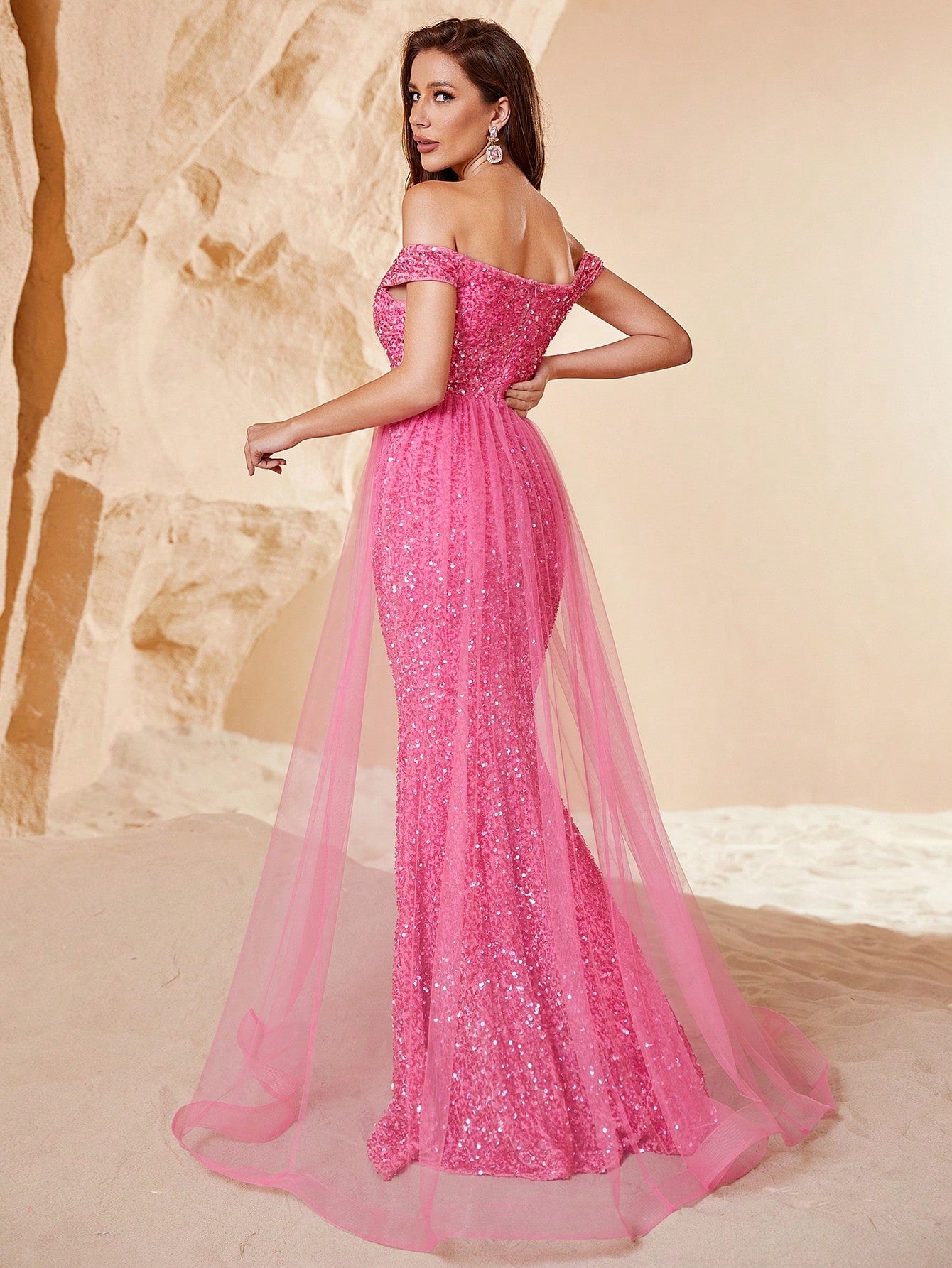 Off Shoulder Sequin Mermaid Dresses Pink Mesh Layer On Waist