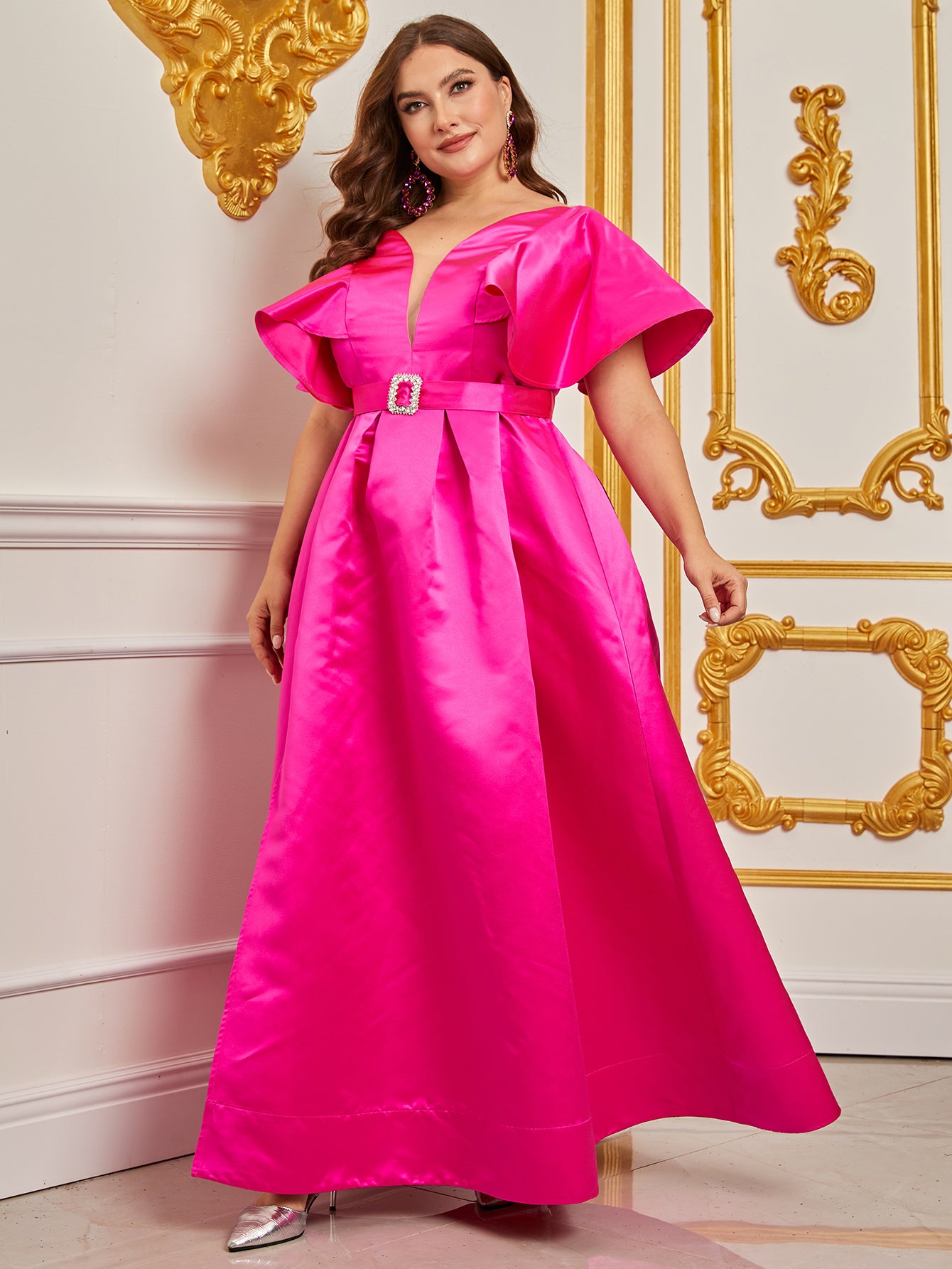 Plus Elegant V-Neck Ruffle Short Sleeves Wide Waist Belt Prom Gown