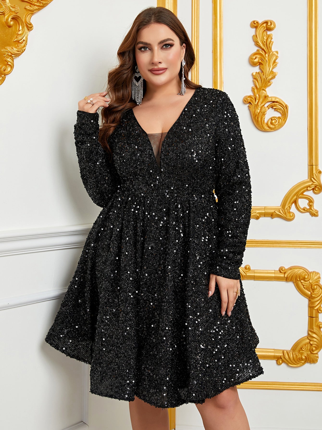 Plus Size V Neck Long Sleeve Sequin Mini A Line Dress