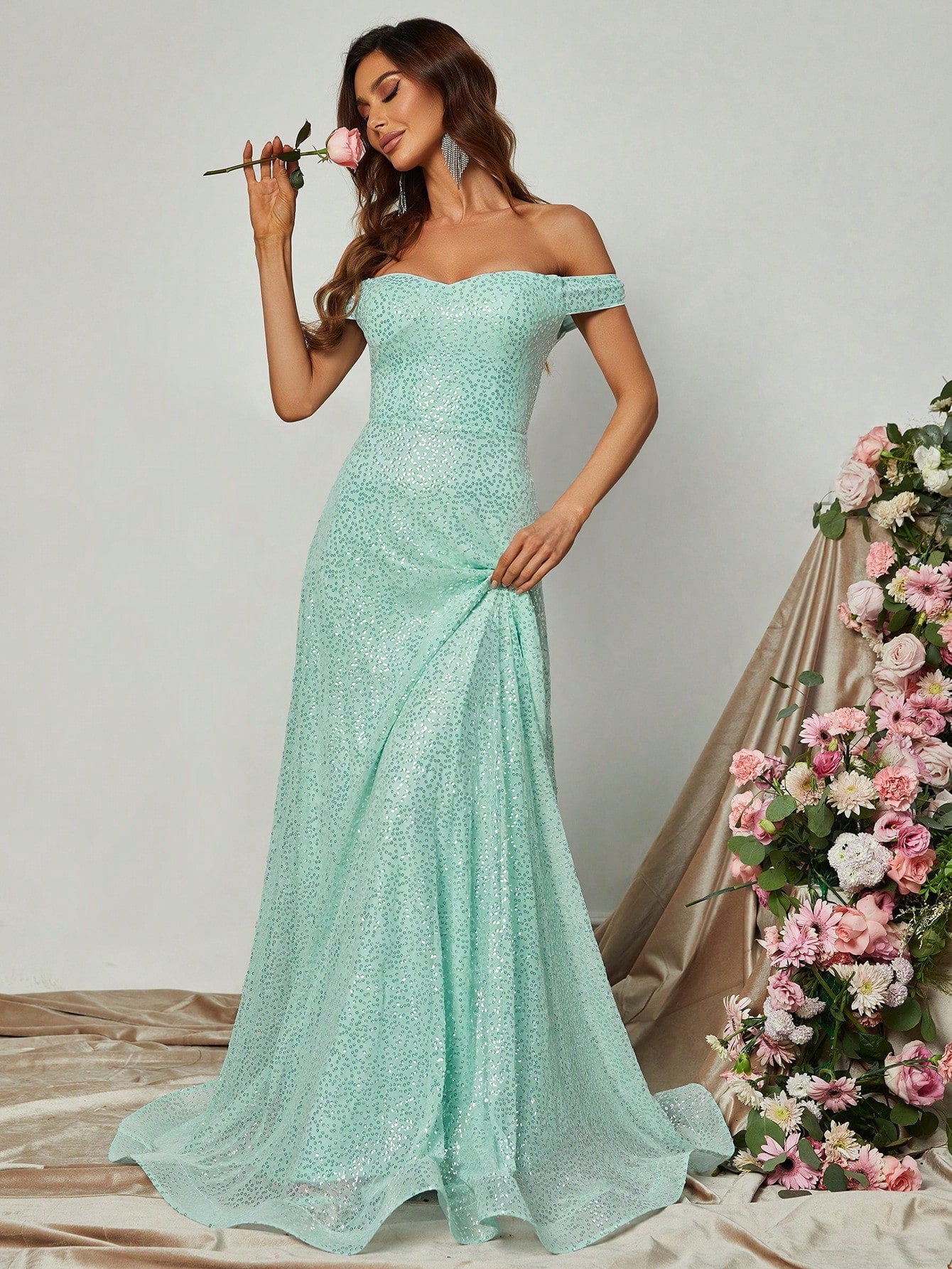 Elegant Sweetheart Neck Off Shoulder Sequin A Line Dress