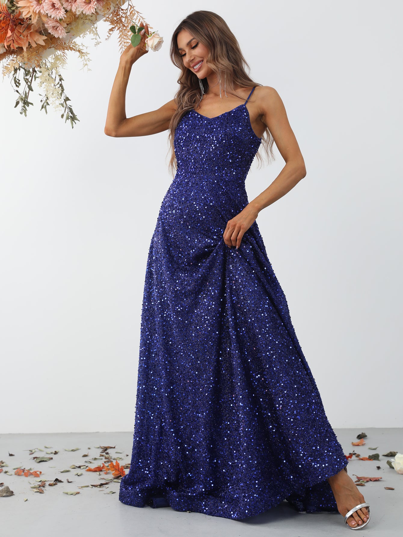 Elegant Spaghetti Strap Sleeveless Sequin A Line Dresses