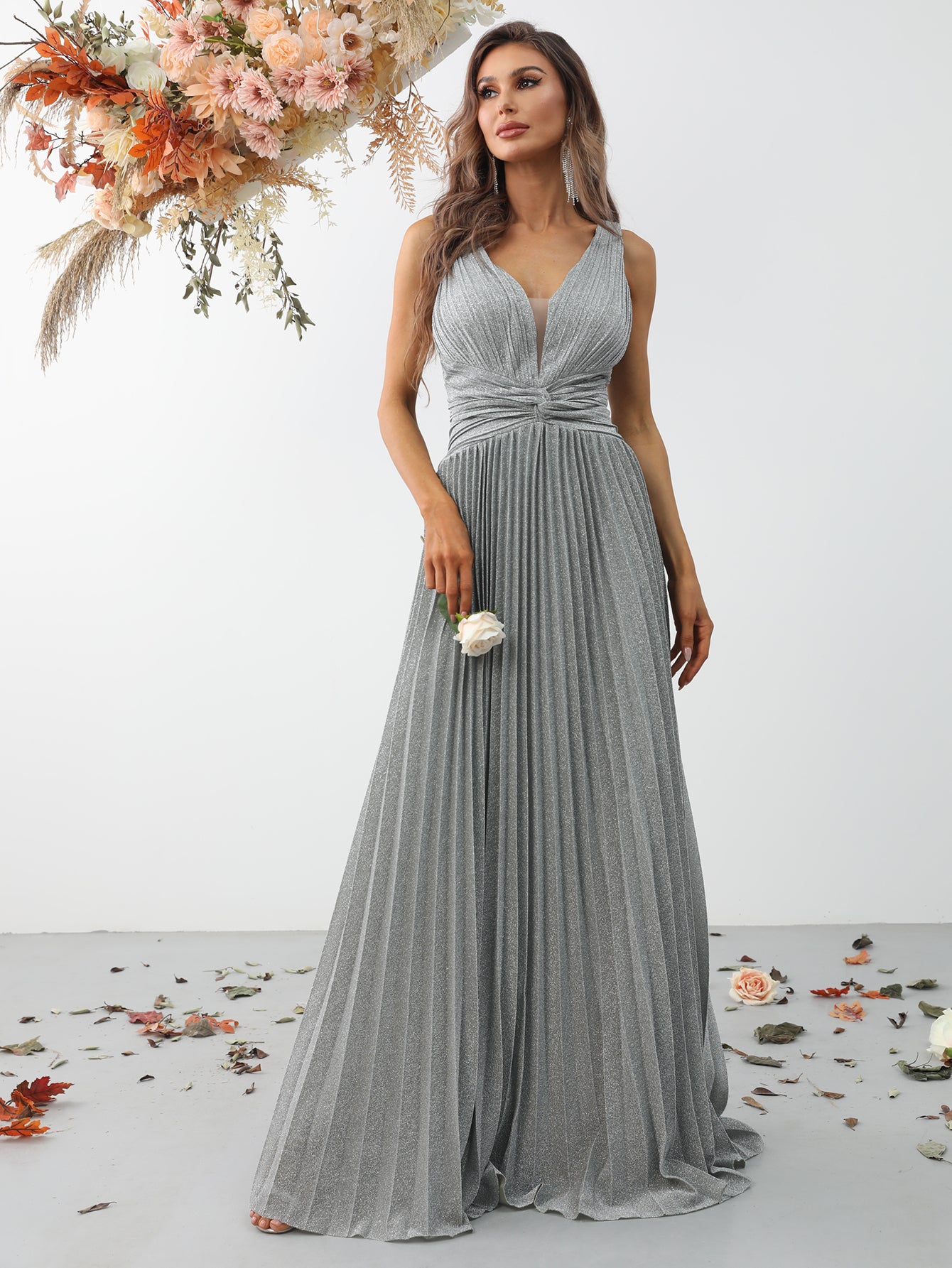 Glitter V Neck Sleeveless Maxi A Line Pleated Gown