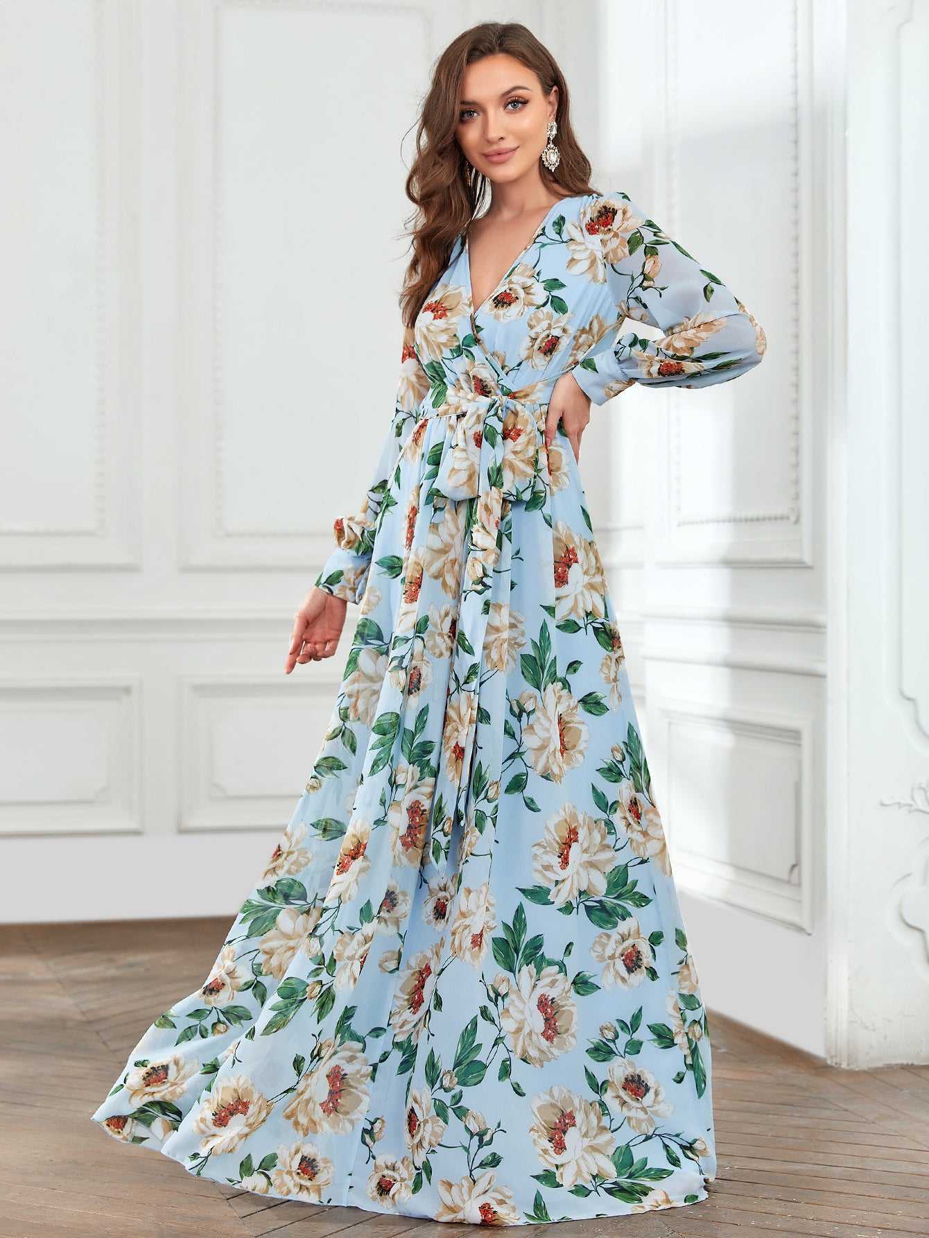 Elegant V Neck Long Sleeve Chiffon Floral Print Dress