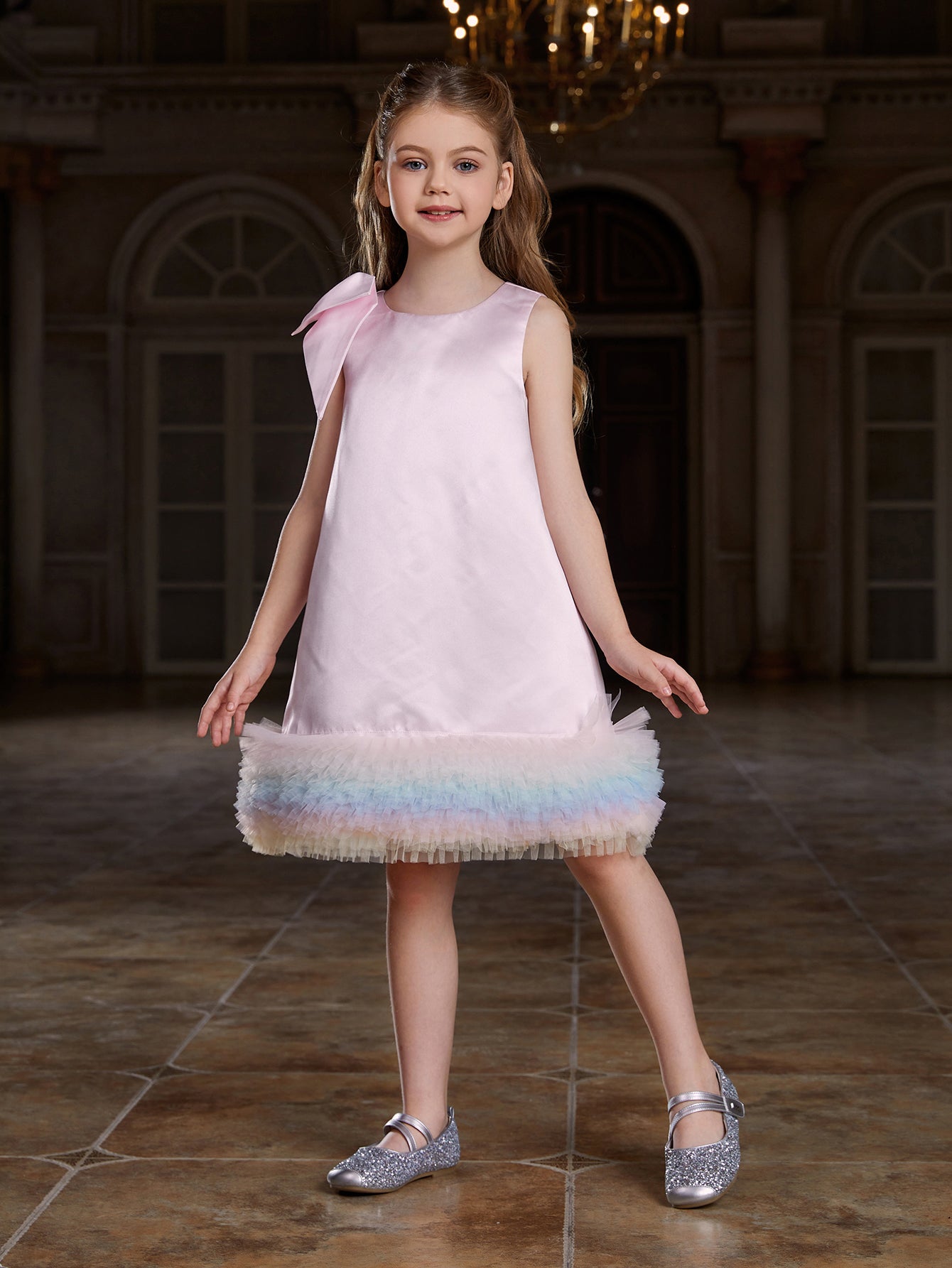 Girl's Sleeveless Rainbow Ruffle Trim Knee Length Dress