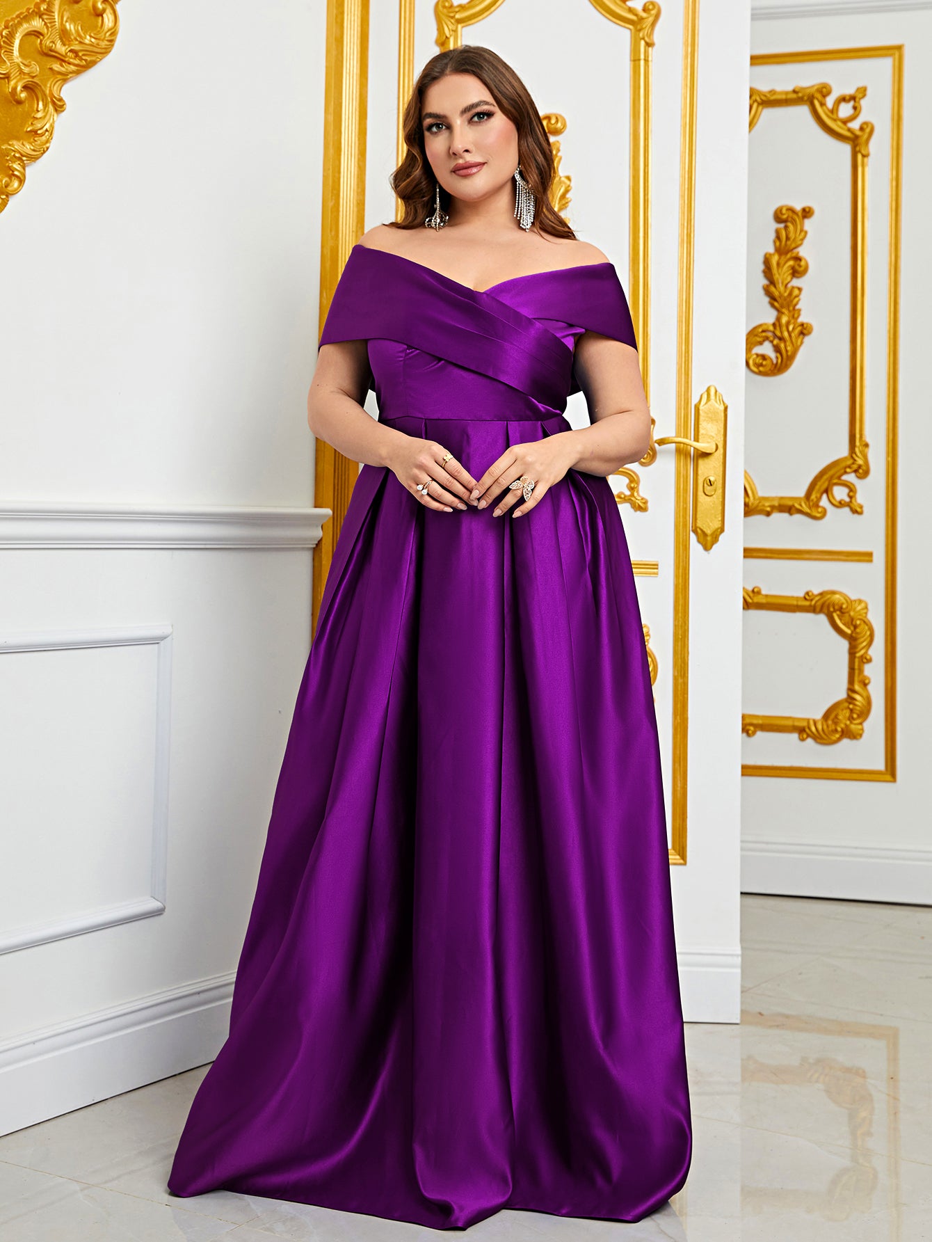 Plus Elegant Off Shoulder Satin A Line Gown