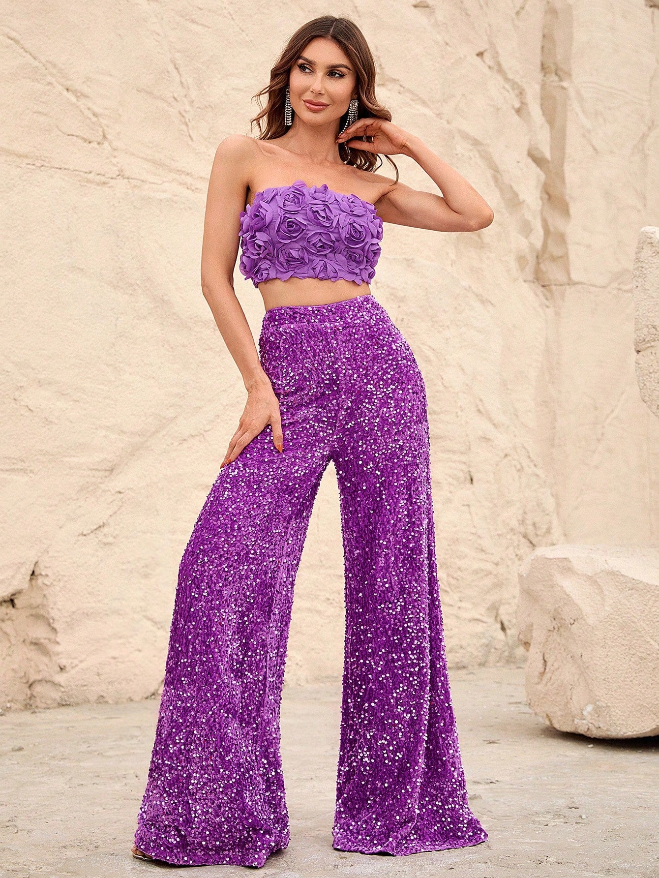 Fancy Purple Two Piece Sequin Set Top With 3D Flower