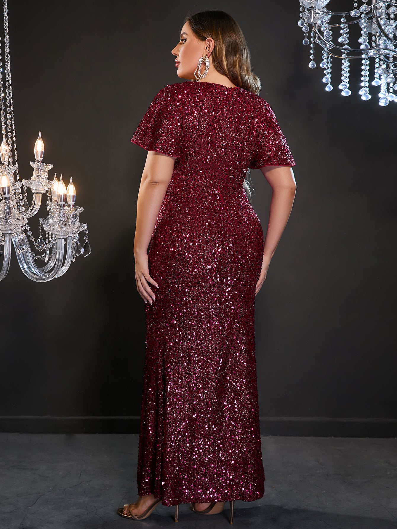 Plus Size Ruffle Sleeve V Neck Sequin Mermaid Dresses