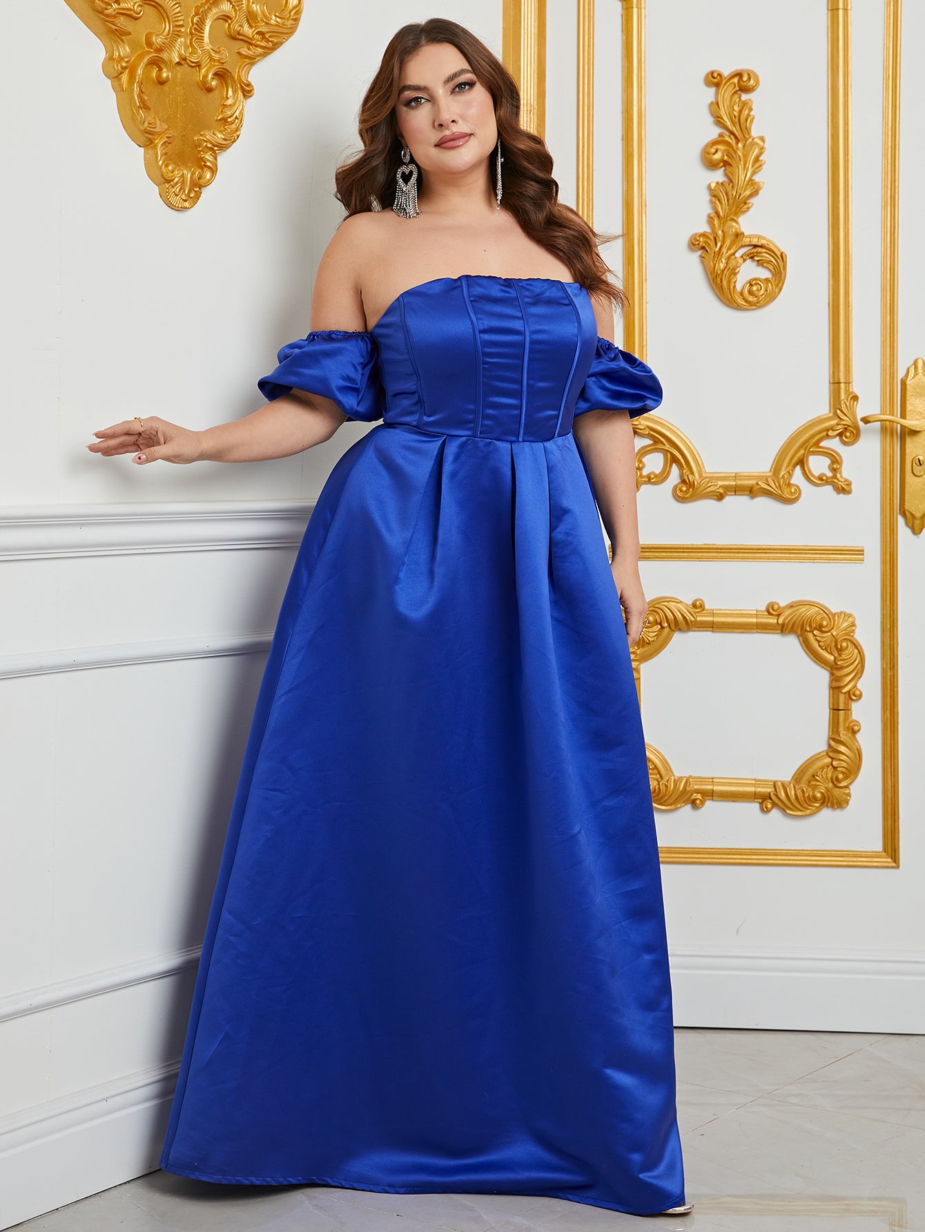 Plus Off Shoulder Puff Sleeves Ruched Bust Fold Pleated Satin Gown