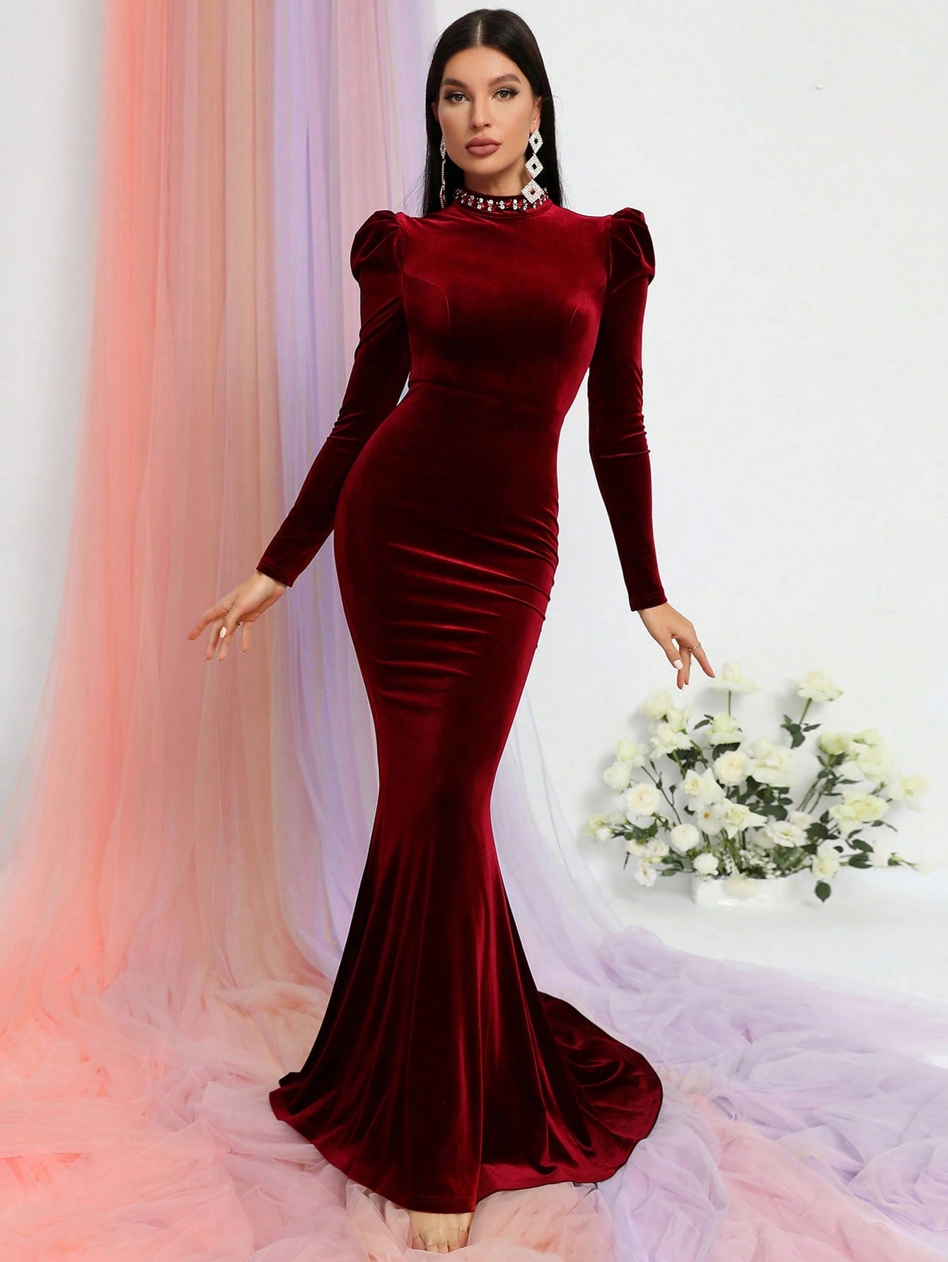 Elegant Mock Neck Backless Rhinestone Detail Velvet Mermaid Dresses