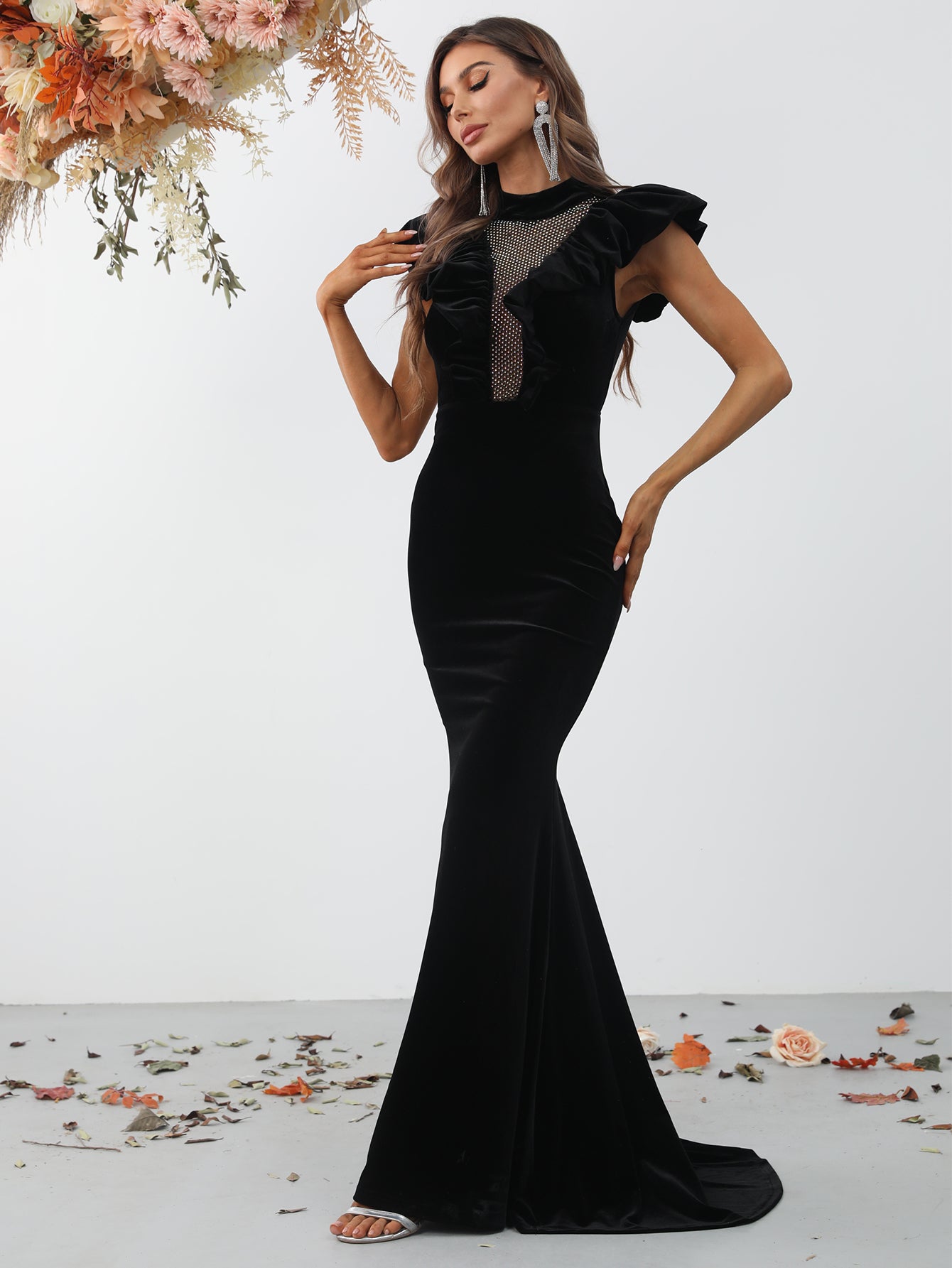 Elegant Mock Neck Backless Ruffle Trim Velvet Mermaid Dresses