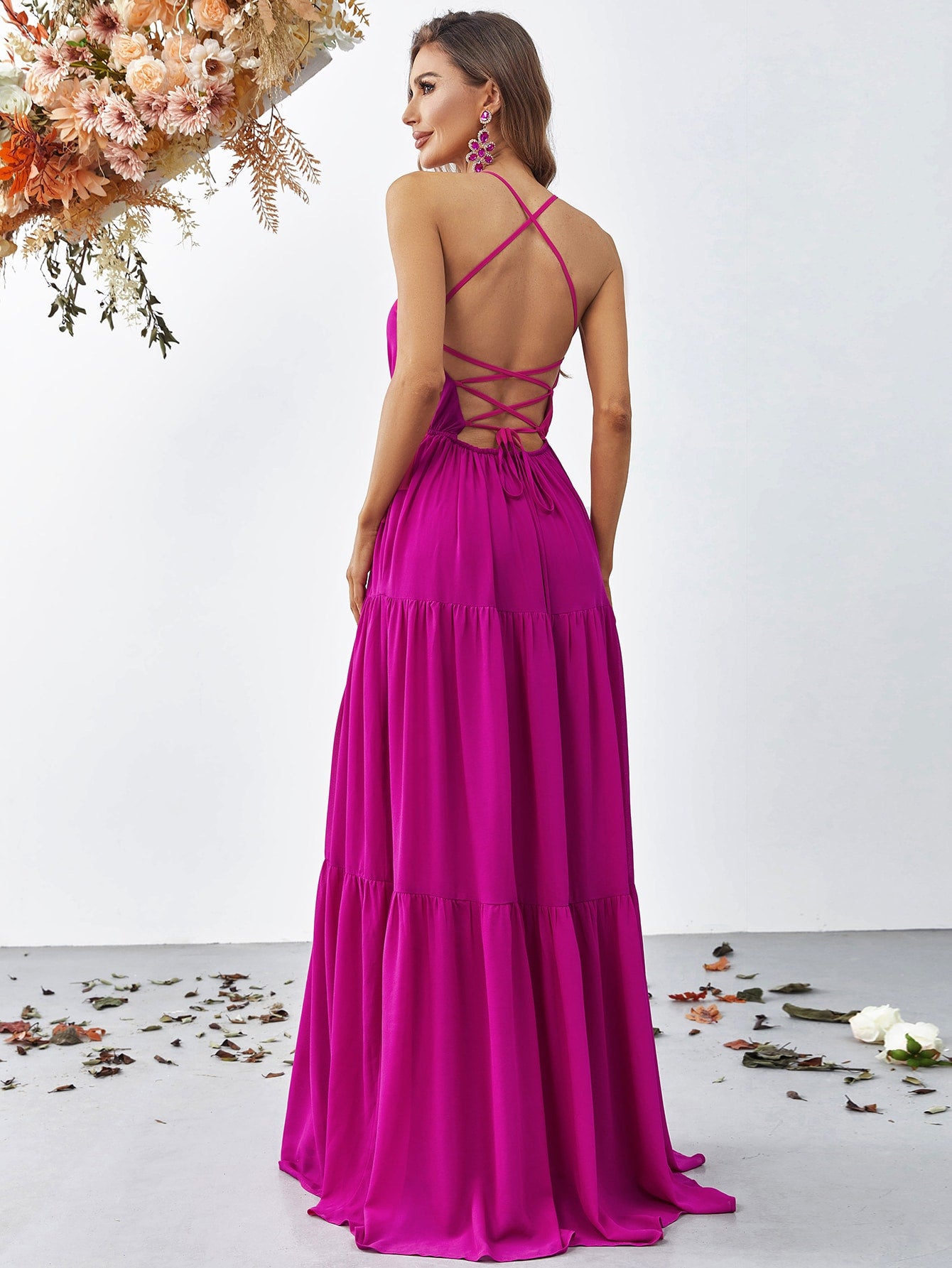 Back Lace Up Chiffon Tiered Maxi Dress