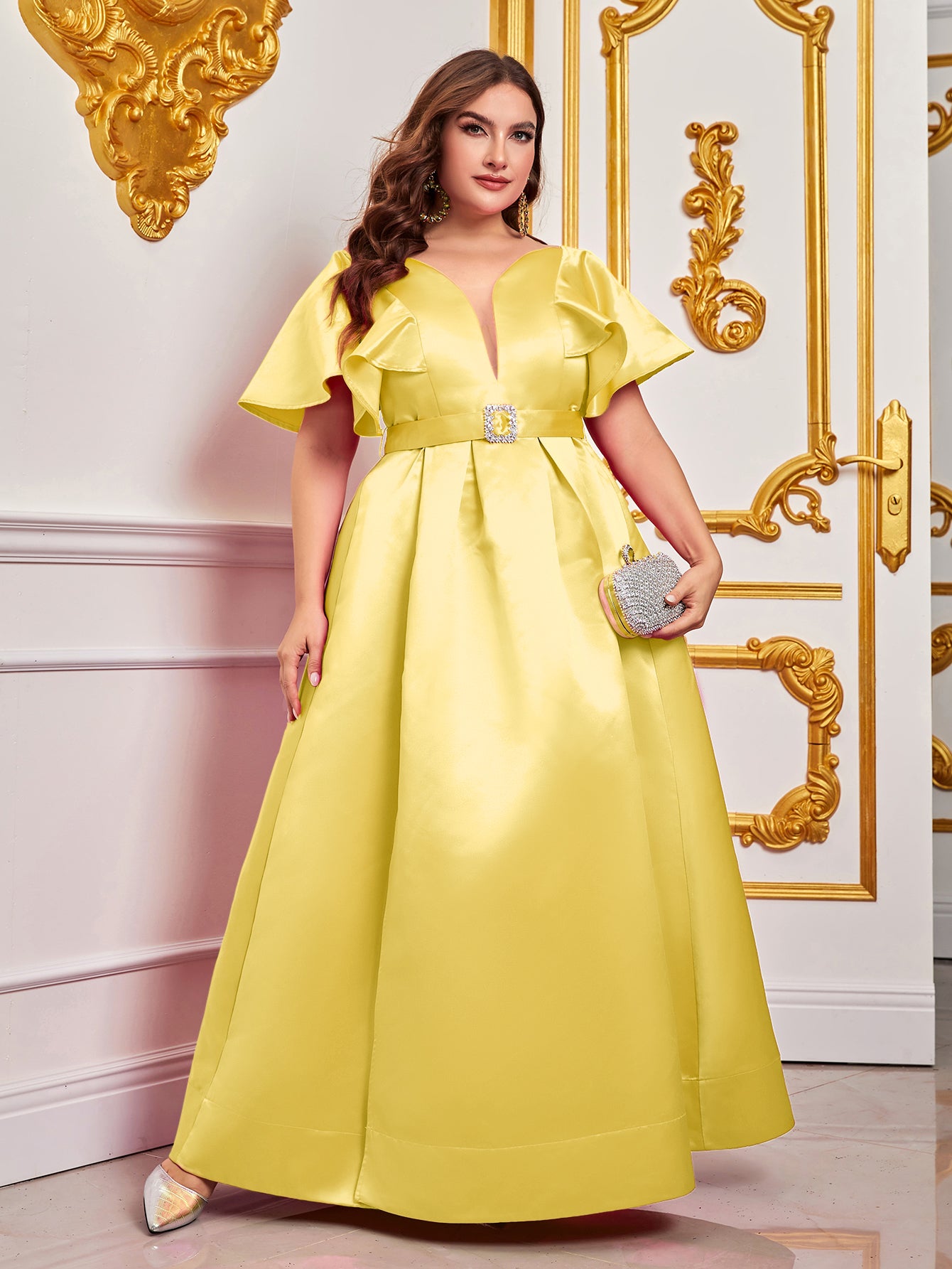 Plus Rhinestone Detail Belted Ruffle Sleeve Satin Dress