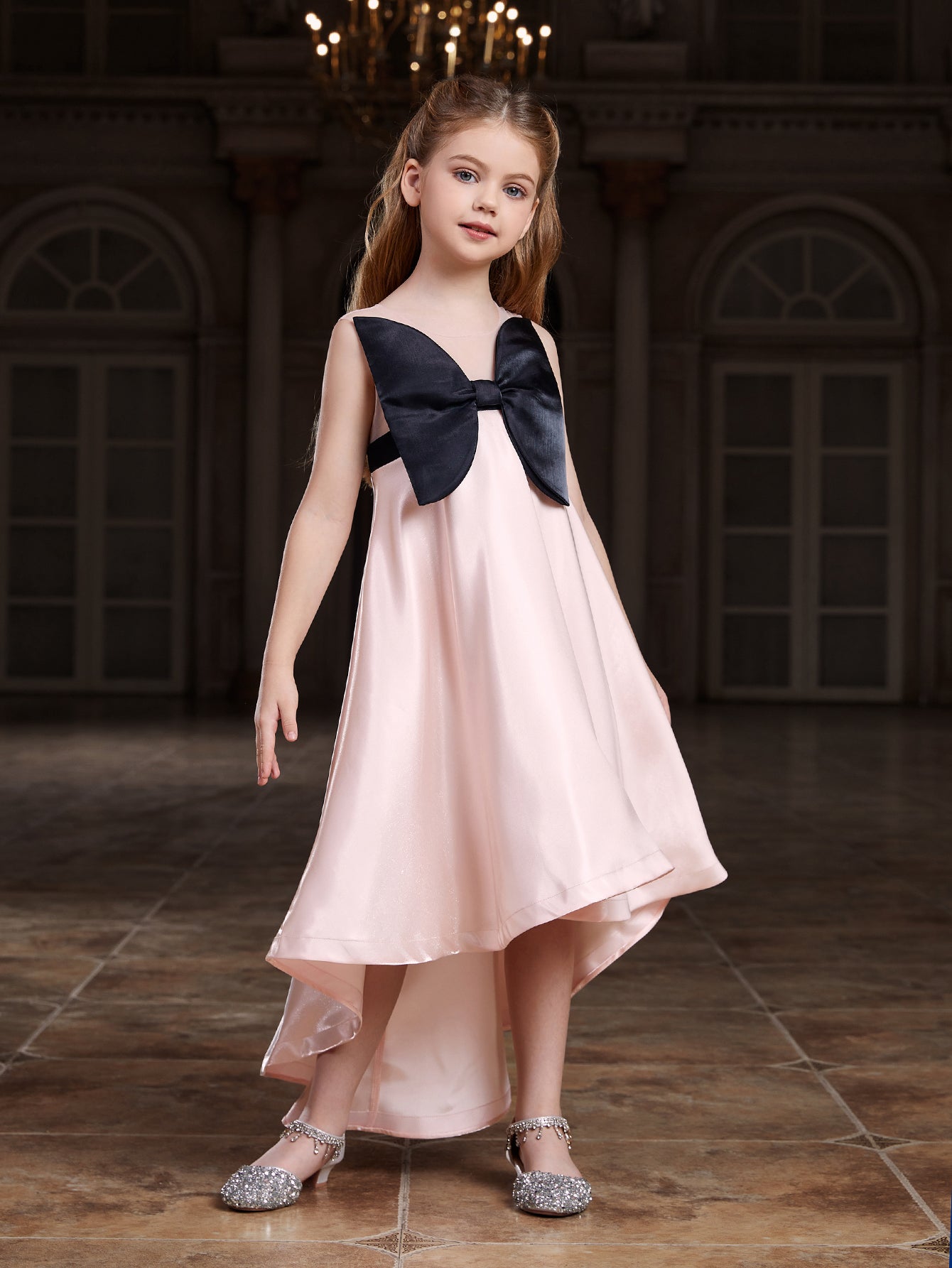 Girl's Bow Front Sleeveless Satin A Line Dress