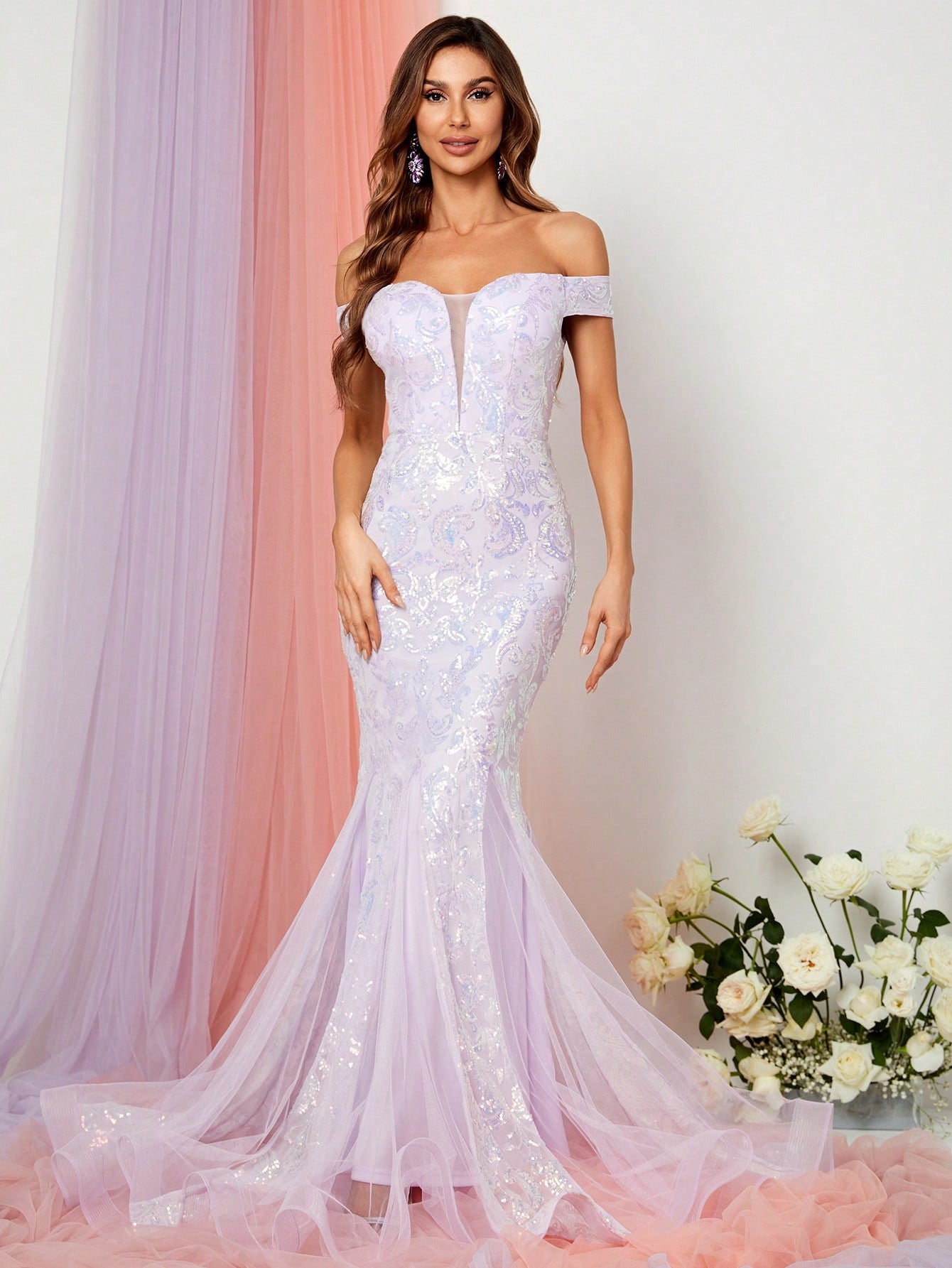 Off Shoulder Sweetheart Mesh Insert Mermaid Dress