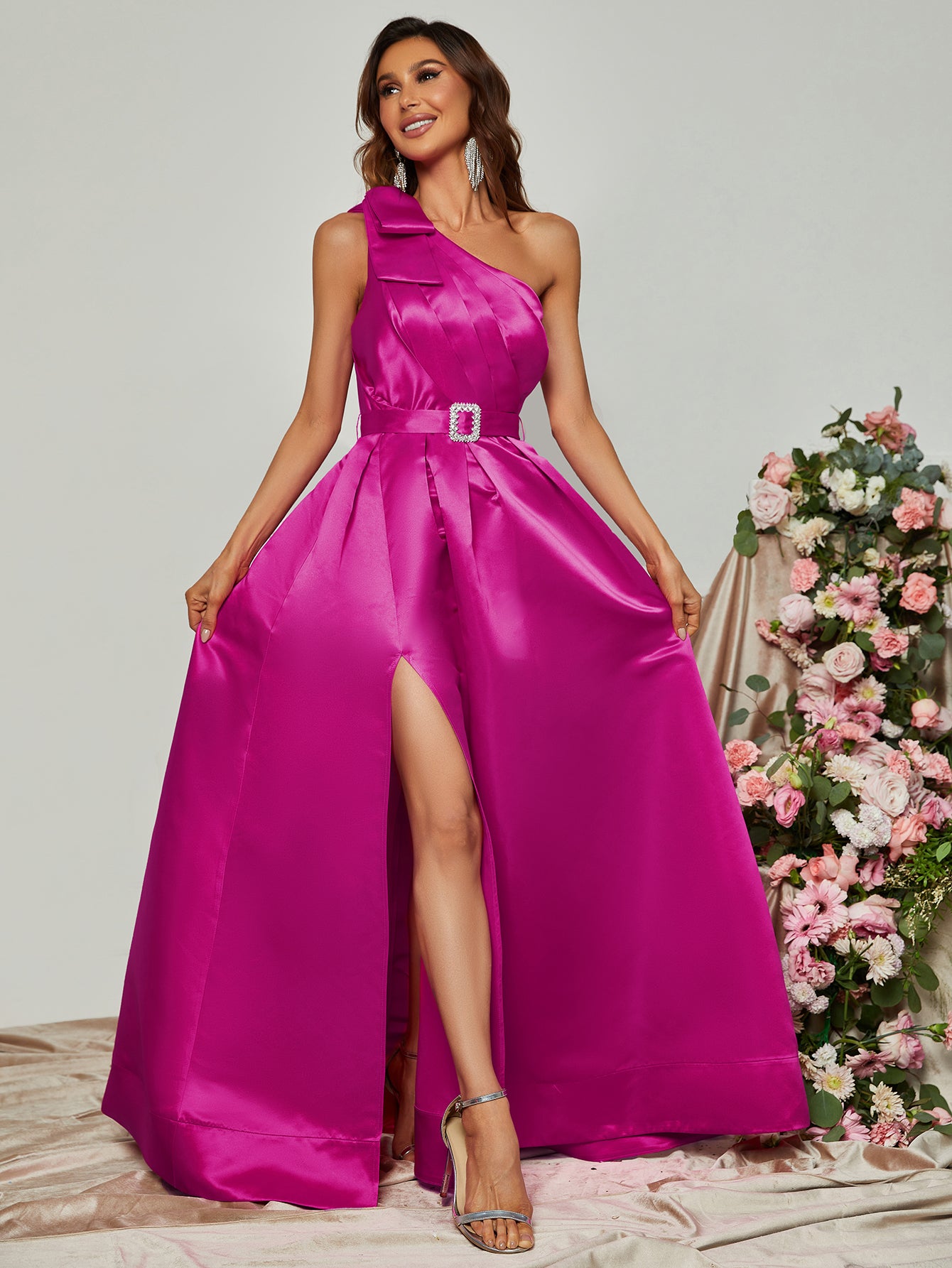 Elegant One Shoulder Sleeveless Satin A line Dresses