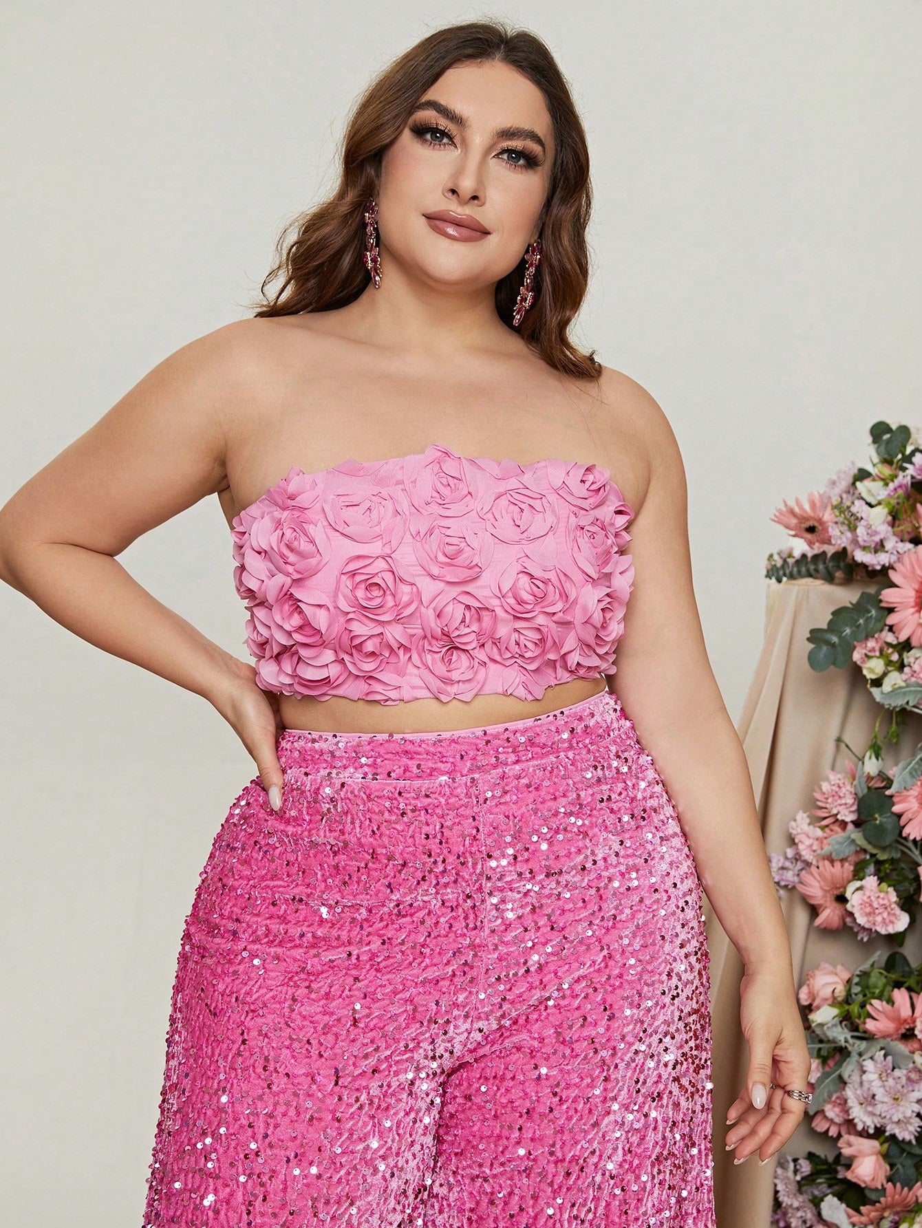 Plus 3D Flowers Tube Top & Wide Leg Sequin Pants