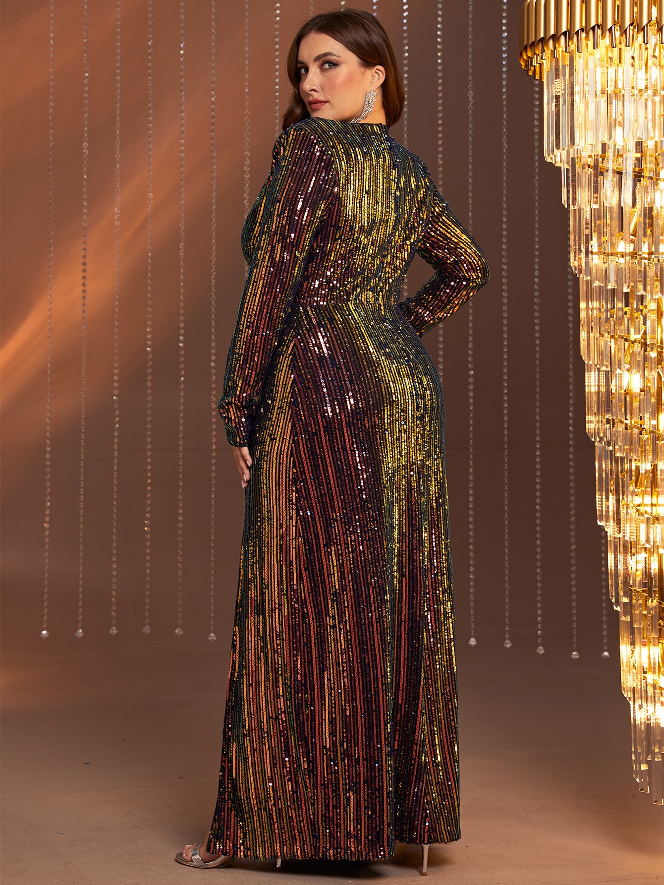 Plus Size V Neck Long Sleeve Sequin Slit Dresses