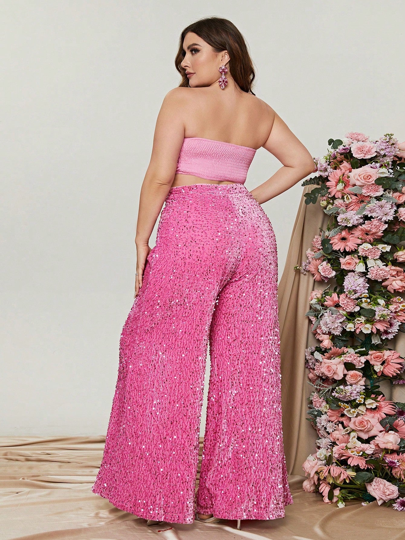 Plus 3D Flowers Tube Top & Wide Leg Sequin Pants