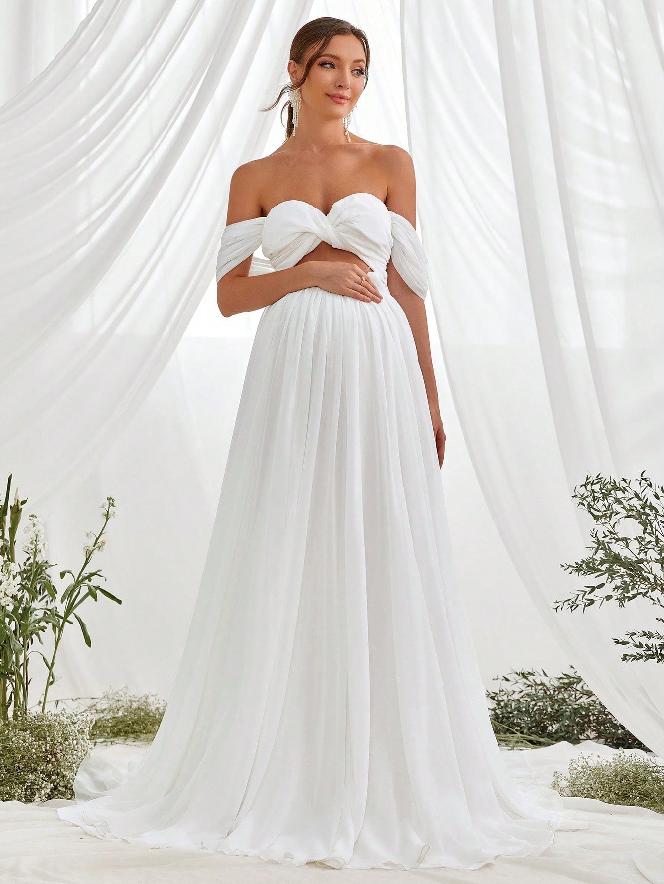 Off Shoulder Cut Out Front Chiffon White Maternity Dress