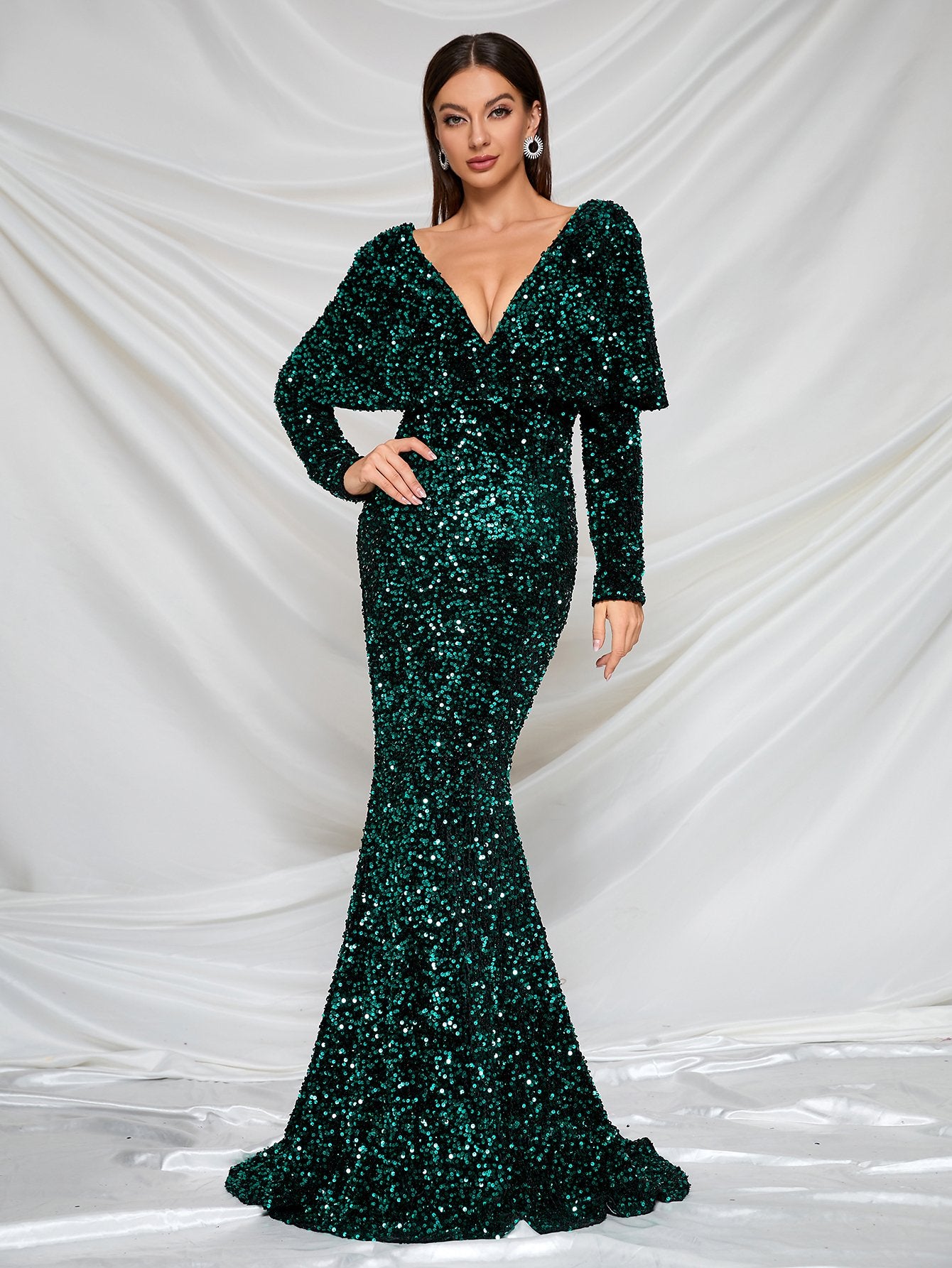 Elegant V Neck Long Sleeve Sequin Mermaid Dresses