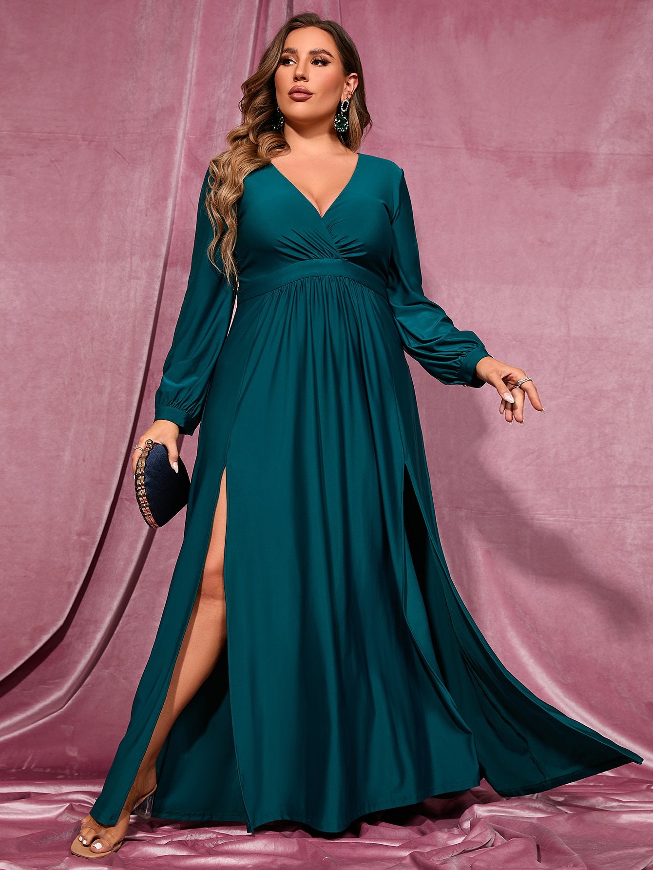 Plus Elegant V Neck Long Sleeve Dresses