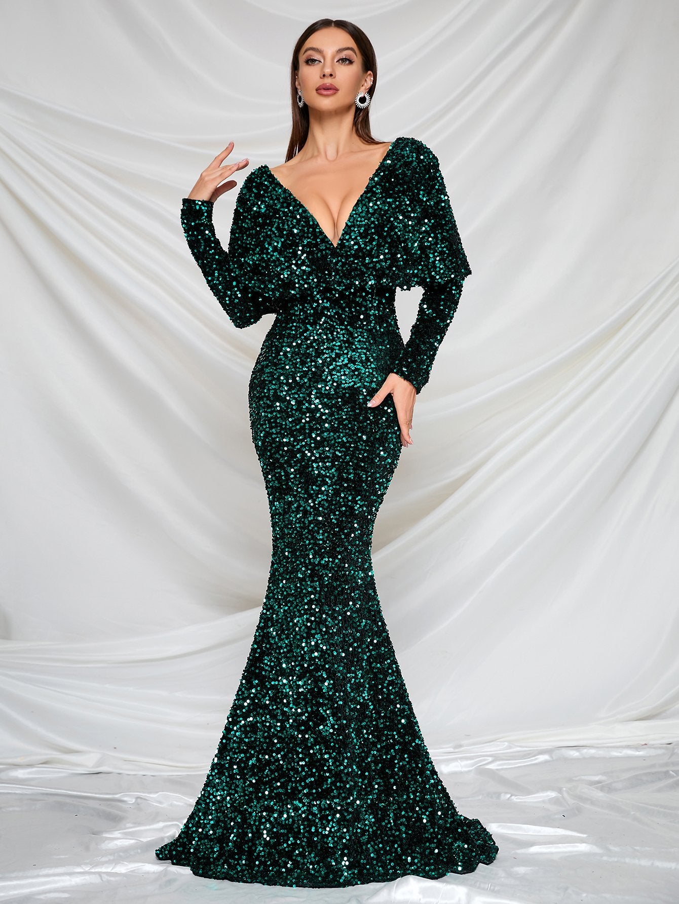 Elegant V Neck Long Sleeve Sequin Mermaid Dresses