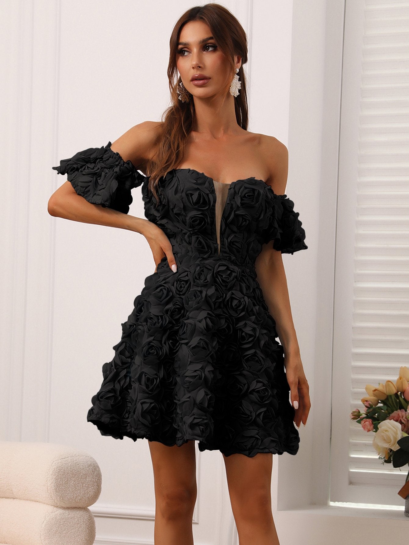 Off Shoulder 3D Flower Dresses