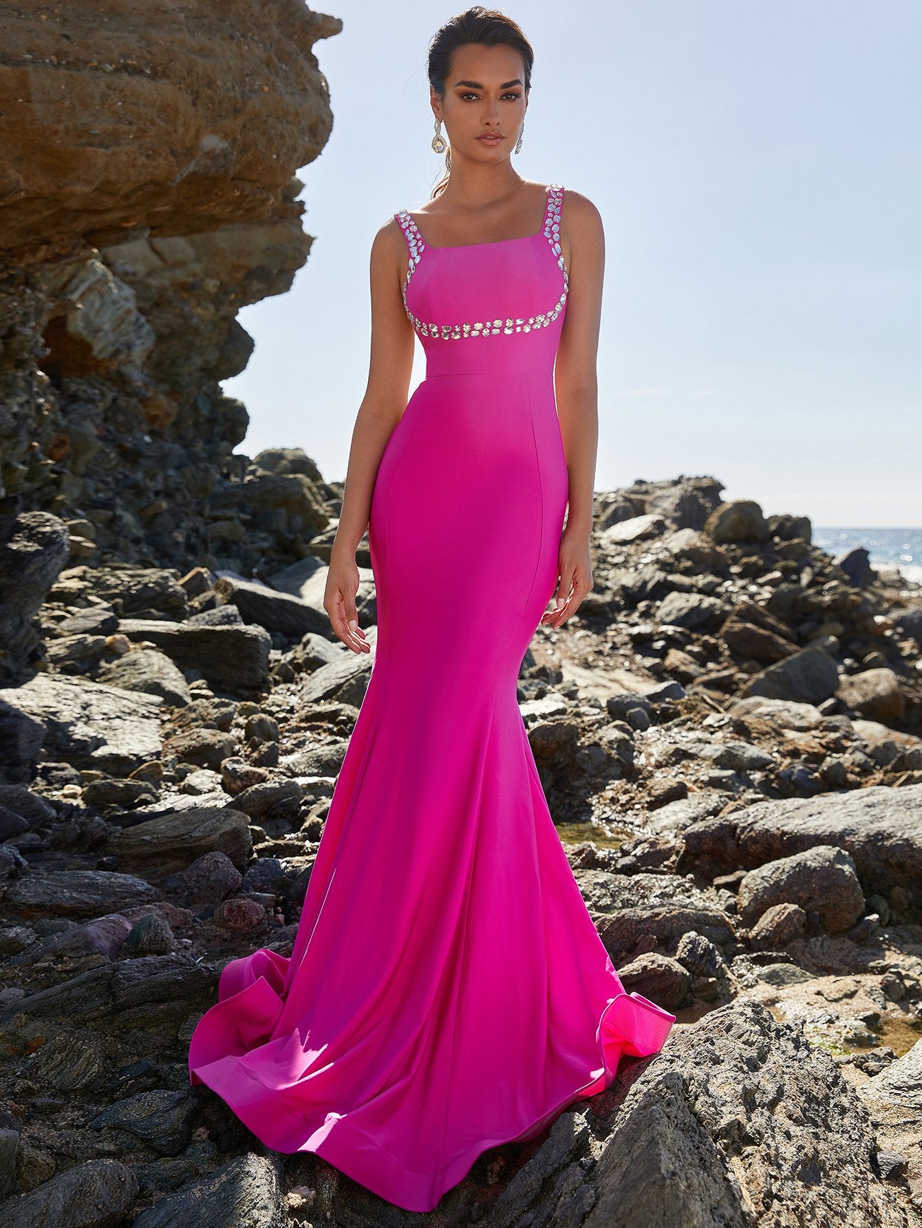 Square Neck Mermaid Hem Hot Pink Prom Dress 2023