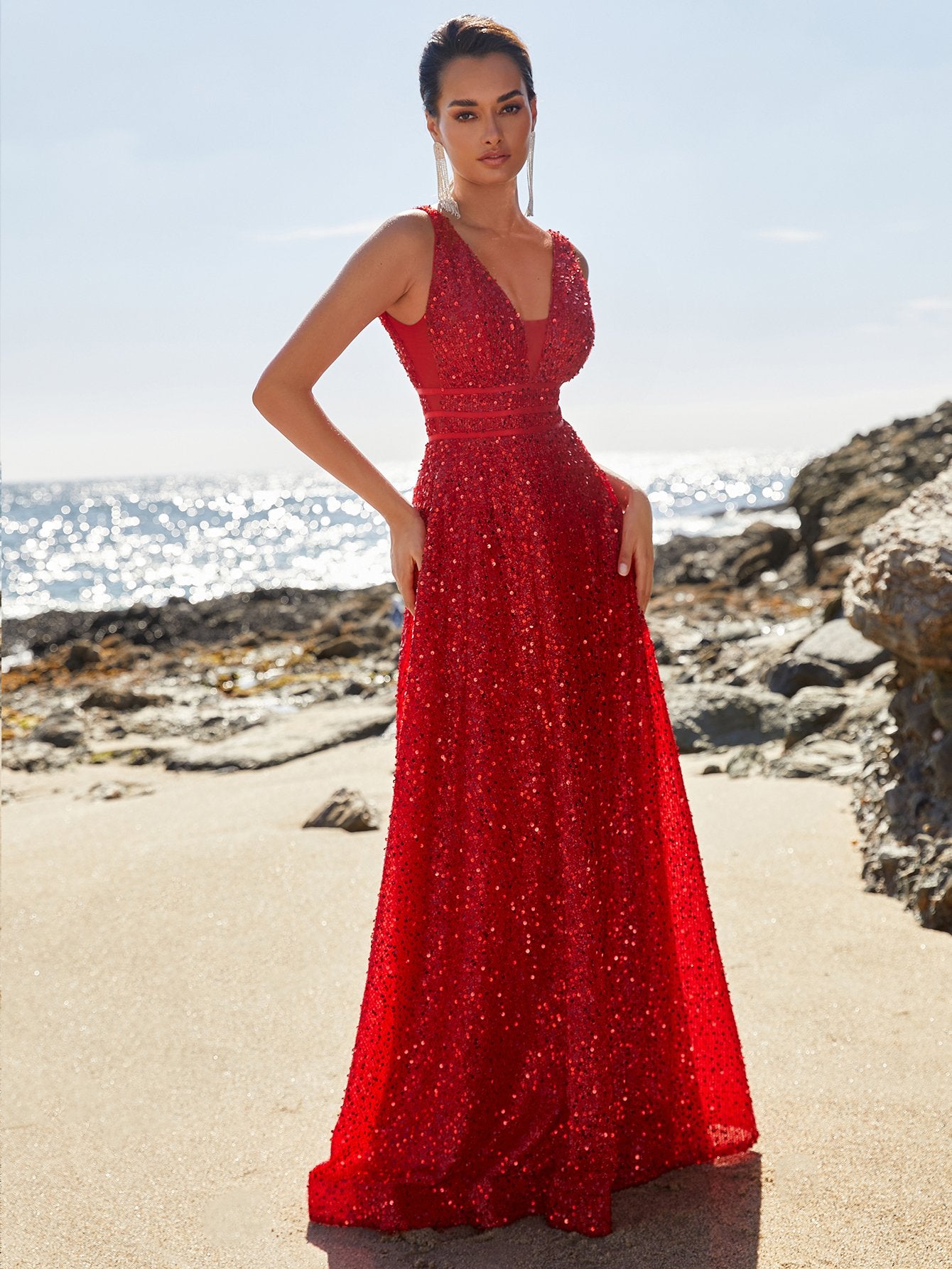 Red Corset Deep V Neck Sequin A Line Prom Dresses