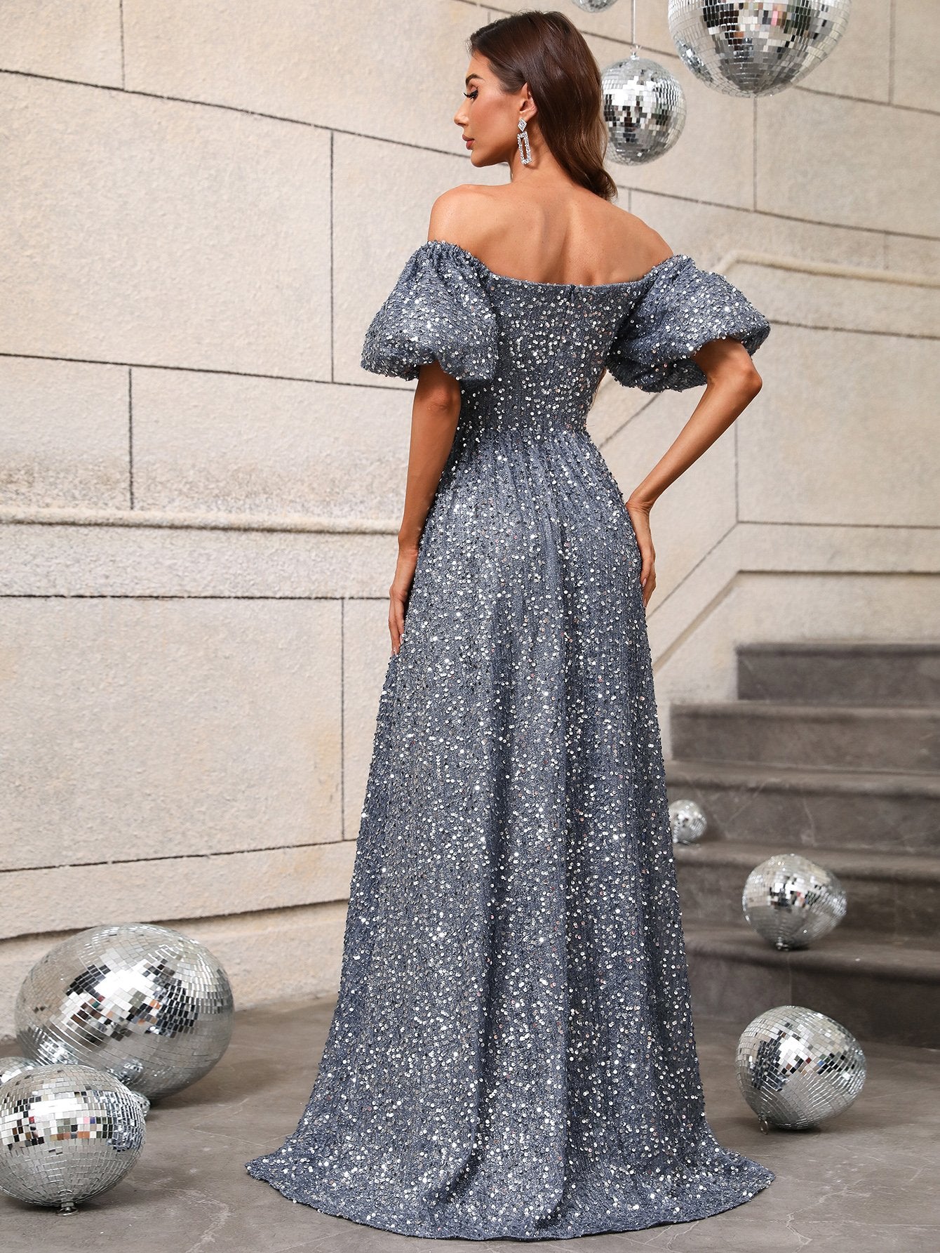 Elegant Off Shoulder Short Sleeve Sequin A Line Dresses