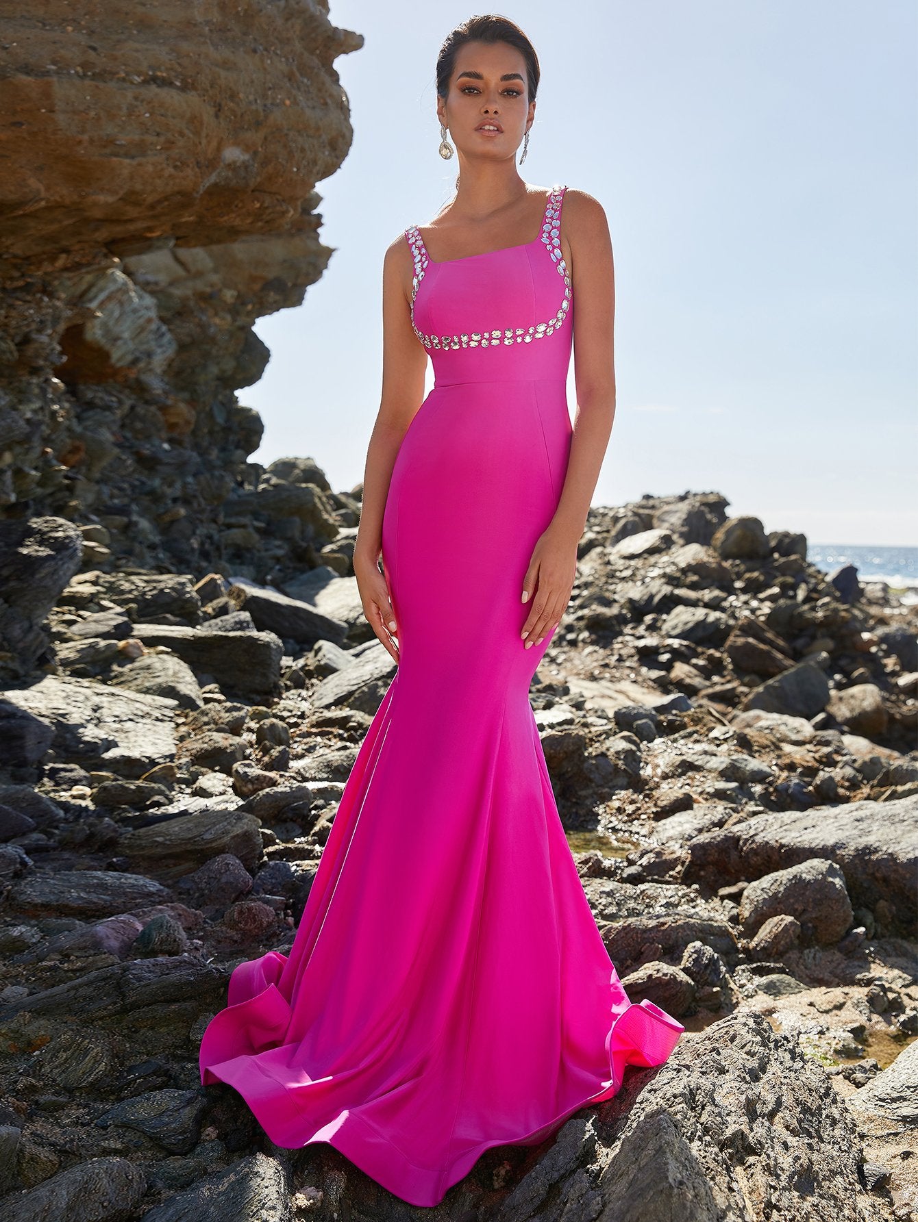 Square Neck Mermaid Hem Hot Pink Prom Dress 2023