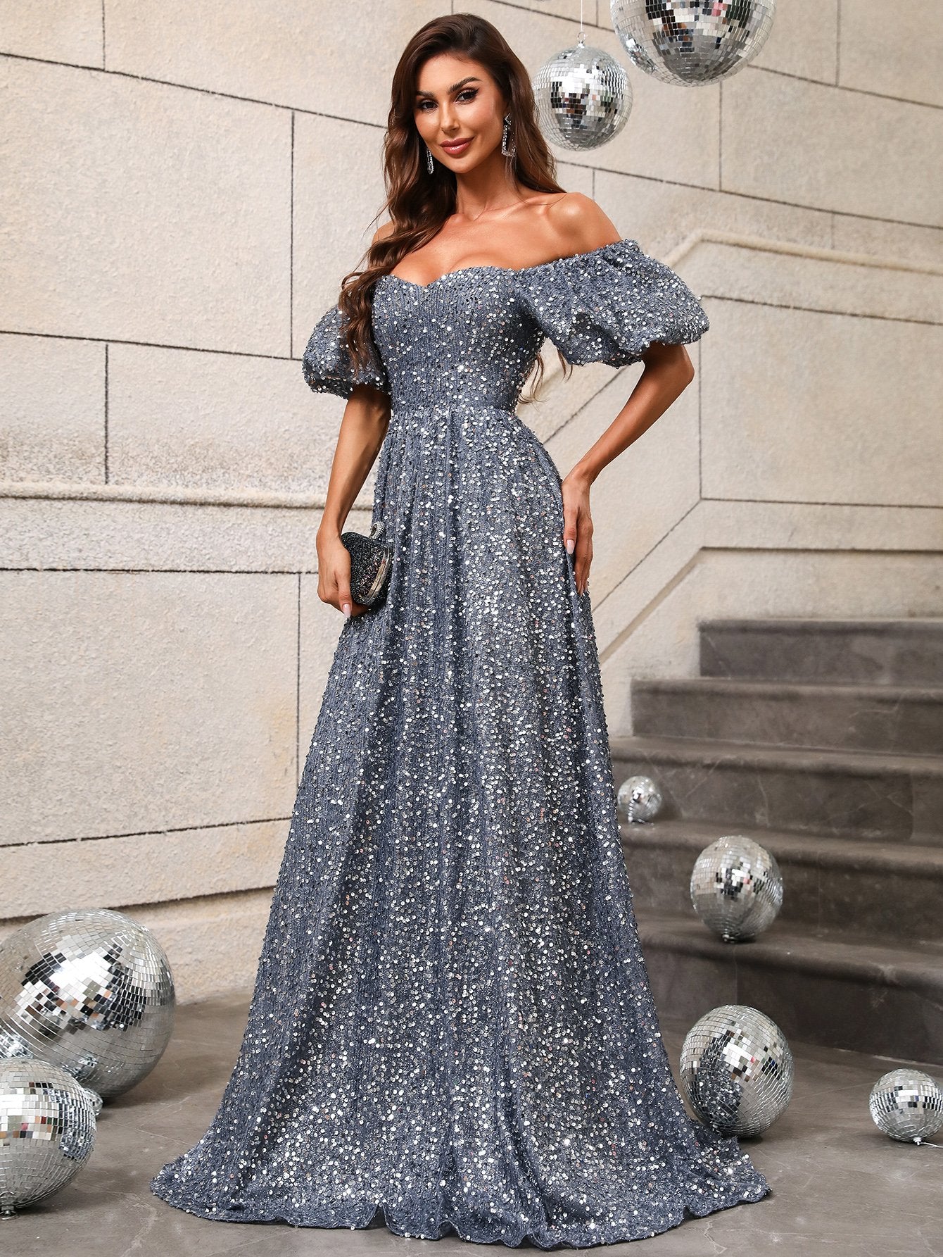 Elegant Off Shoulder Short Sleeve Sequin A Line Dresses